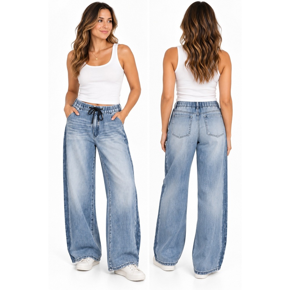 Judy Blue Jeans Womens 3/26 Light Wash High Waist Palazzo Drawstring Denim